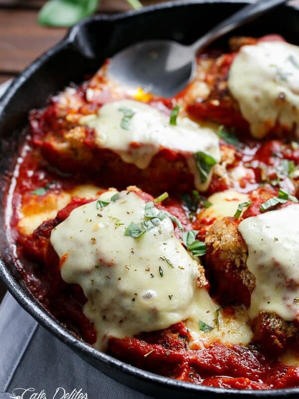 One Pan Mozzarella Stuffed Chicken Parmesan in a pan