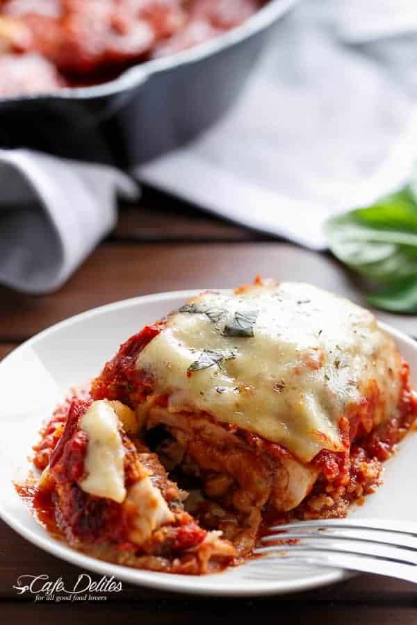 One Pan Mozzarella Stuffed Chicken Parmesan | https://cafedelites.com