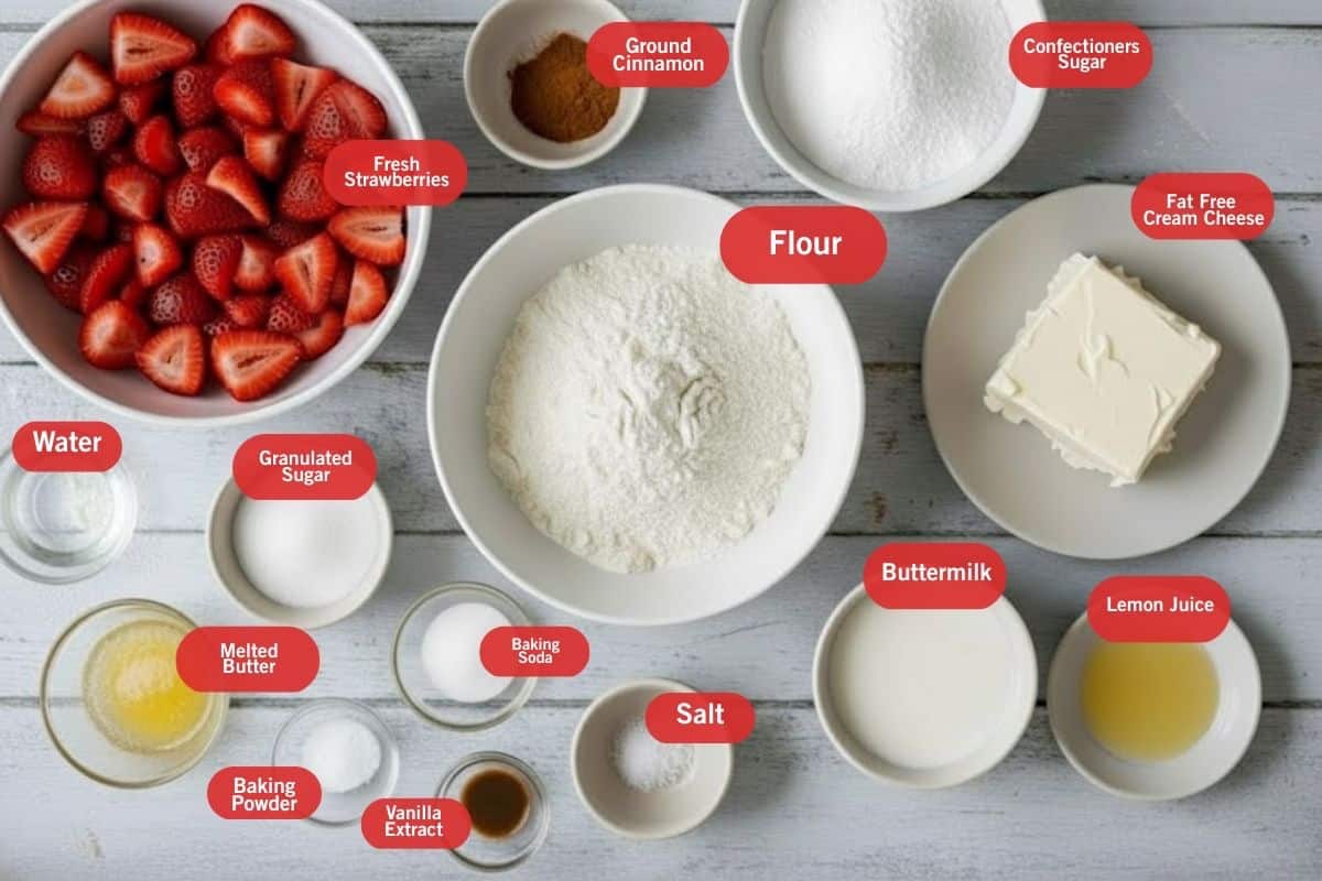 Flat lay photo of ingredient shot of fresh strawberries, ground cinnamon, confectioners sugar, fat free cream cheese, flour, water, granulated sugar, melted butter, baking powder, baking soda, vanilla extract, butter milk, lemon juice, salt - 2