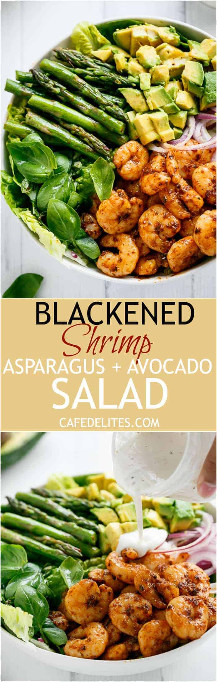 Blackened Shrimp, Asparagus and Avocado Salad with Lemon Pepper Yogurt Dressing | https://cafedelites.com