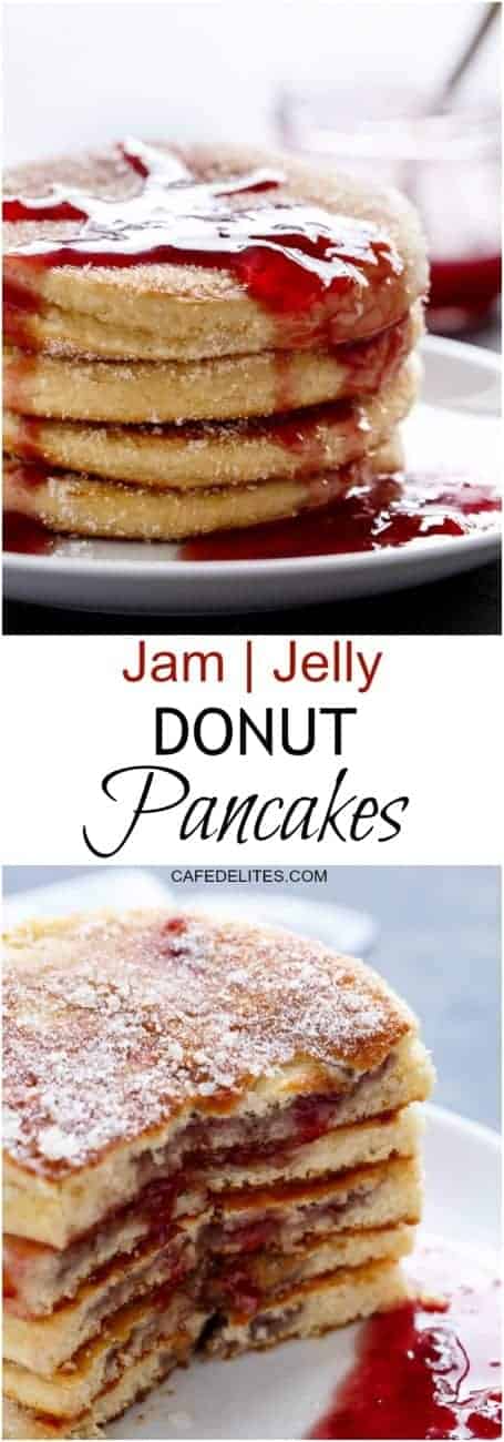 Jam filled Donut Pancakes are the ultimate donuts allowed at breakfast!| https://cafedelites.com