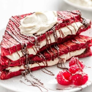 Red Velvet French Toast Cheesecake on a plate