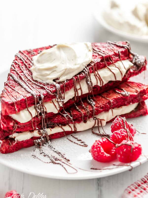 Red Velvet French Toast Cheesecake on a plate