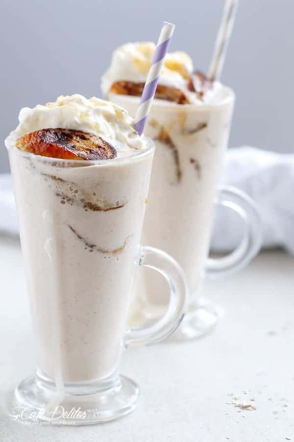 Banana Cream Pie Breakfast Smoothie with Fried Honey Bananas | https://cafedelites.com