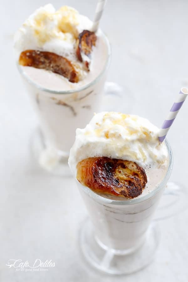 Banana Cream Pie Breakfast Smoothie with Fried Honey Bananas | https://cafedelites.com