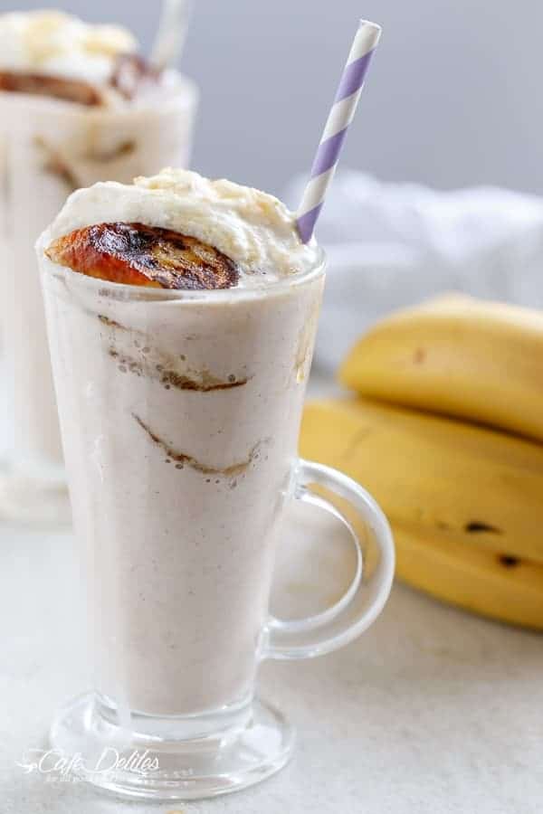 Banana Cream Pie Breakfast Smoothie with Fried Honey Bananas | https://cafedelites.com