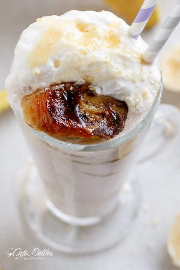 Banana Cream Pie Breakfast Smoothie with Fried Honey Bananas | https://cafedelites.com