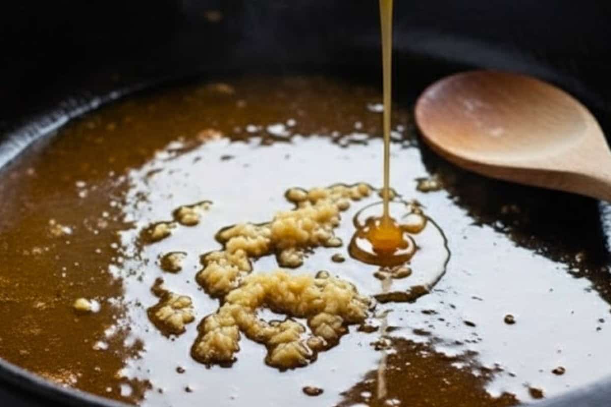 Pour honey into the cast iron skillet  and add garlic then stir on lemon juice