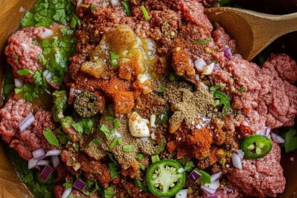  Combine the beef, lime juice, orange juice, onion, cilantro, garlic, jalapeños, chili flakes, cumin, paprika, and salt in a large bowl. - 3