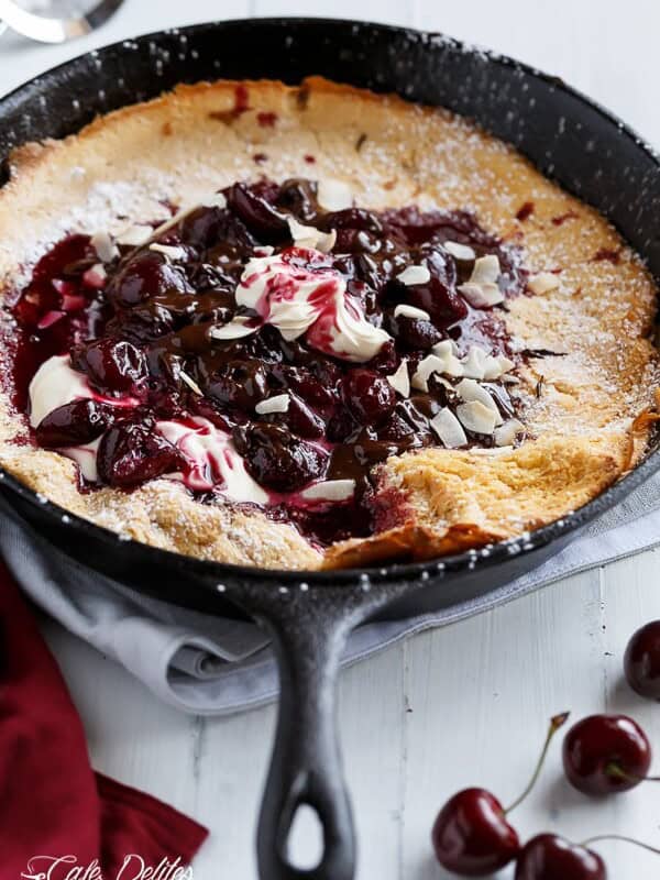 Chocolate-Cherry Browned Butter German Pancake on a pan
