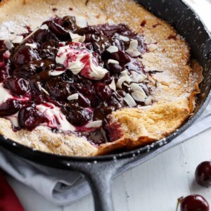 Chocolate-Cherry Browned Butter German Pancake on a pan