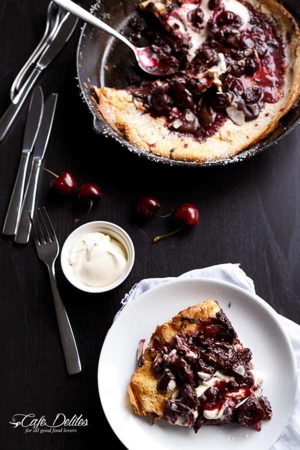 Chocolate-Cherry German Pancake (or Dutch Baby Pancake) | https://cafedelites.com