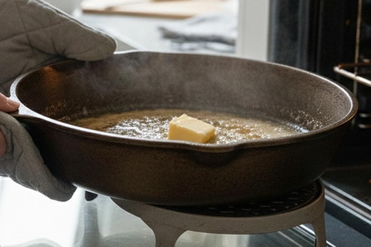 Carefully removing the pan from the oven with butter. - 6