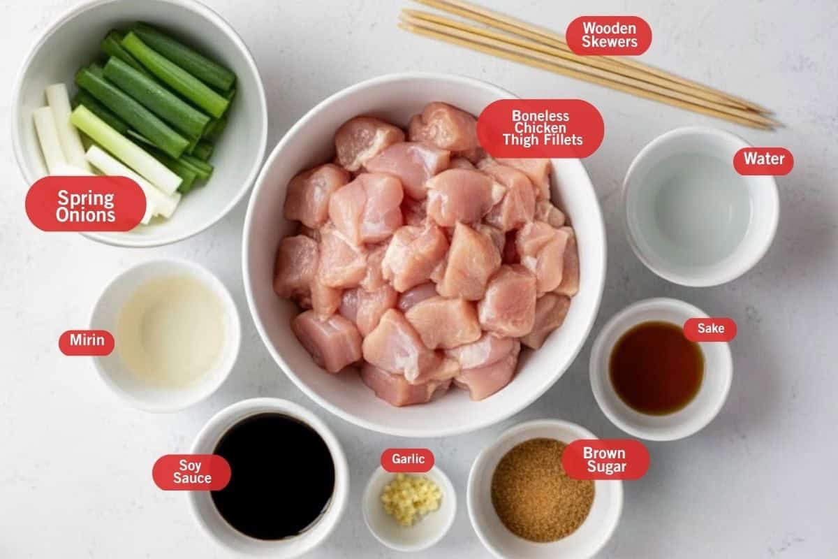 Flat lay photo of ingredient shot of spring onions, wooden skewers, boneless chicken thigh fillets, water, sake, brown sugar, garlic, soy sauce, mirin