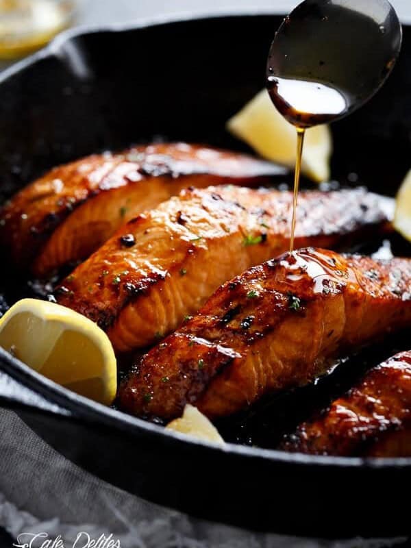 Browned Butter Honey drilled over Grilled Garlic Salmon