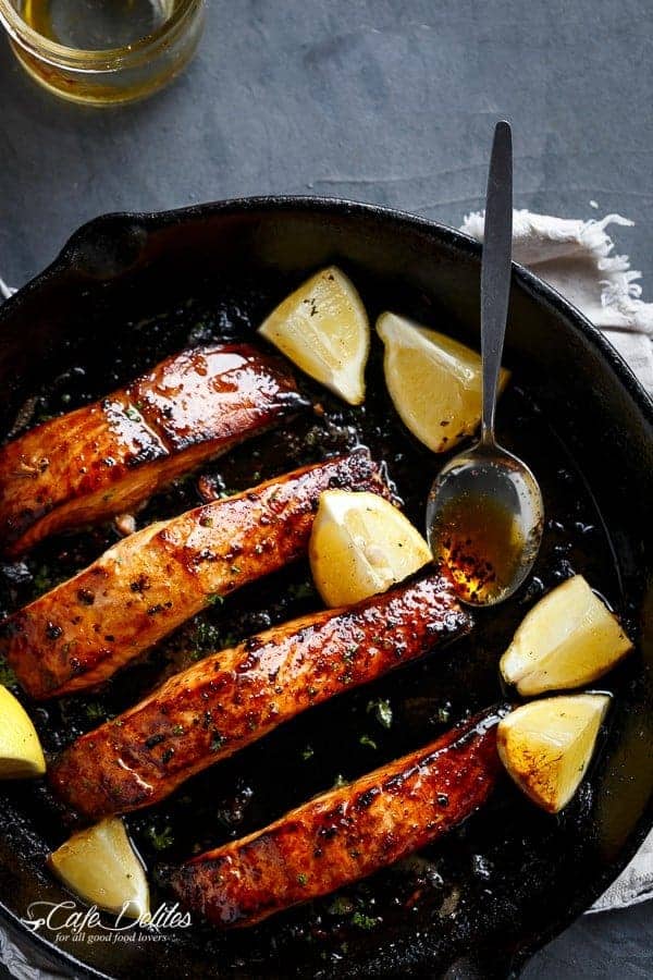 Grilled Browned Butter Honey Garlic Salmon | https://cafedelites.com