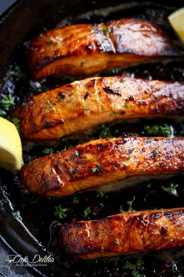 Grilled Browned Butter Honey Garlic Salmon | https://cafedelites.com