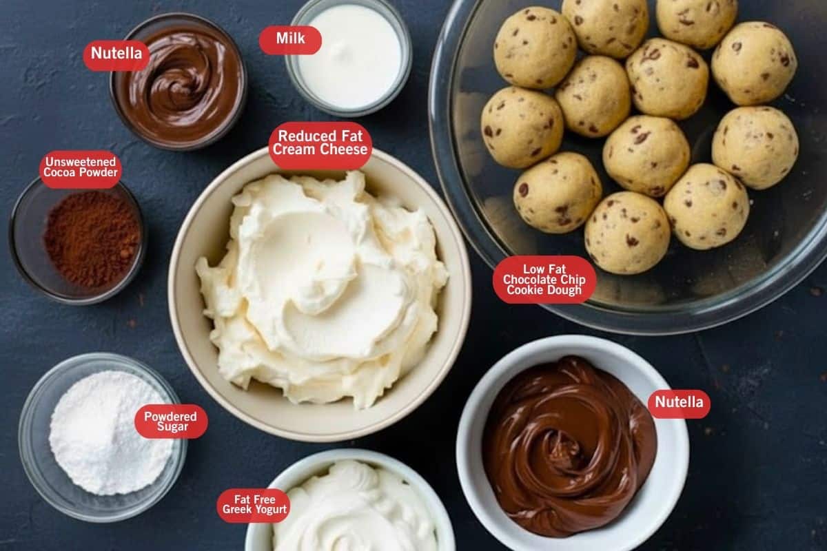 Flat lay photo of ingredient shot of nutella, unsweetened cocoa powder, powdered sugar, fat free greek yogurt, reduced fat cream cheese, milk, low fat chocolate chip cookie dough