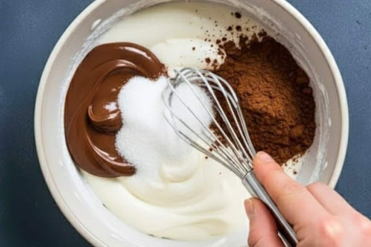 Spoon in the Nutella, sugar, and cocoa powder, pressing the powder gently as you mix. Continue stirring until the cocoa dissolves