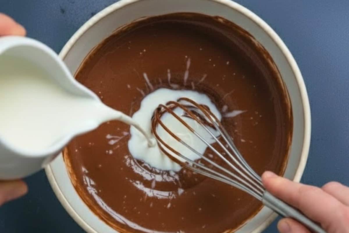  Warm Nutella in the microwave for about thirty seconds, then stir until glossy. Whisk in the milk.