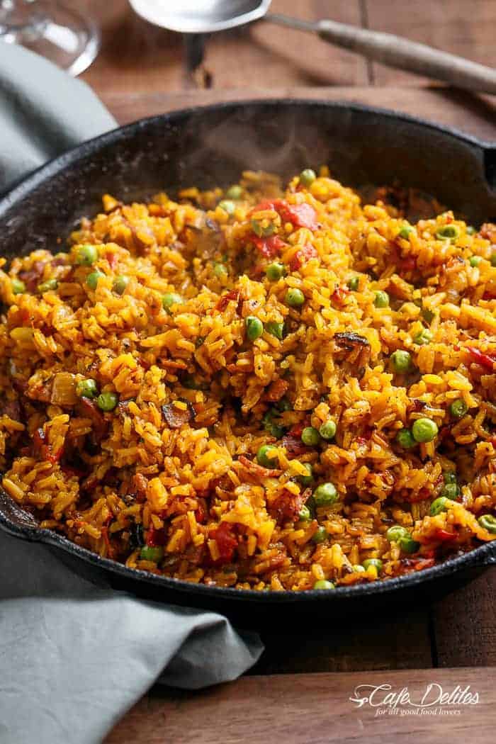 One Pan Crispy Spanish Chicken and Rice (Arroz Con Pollo) | https://cafedelites.com