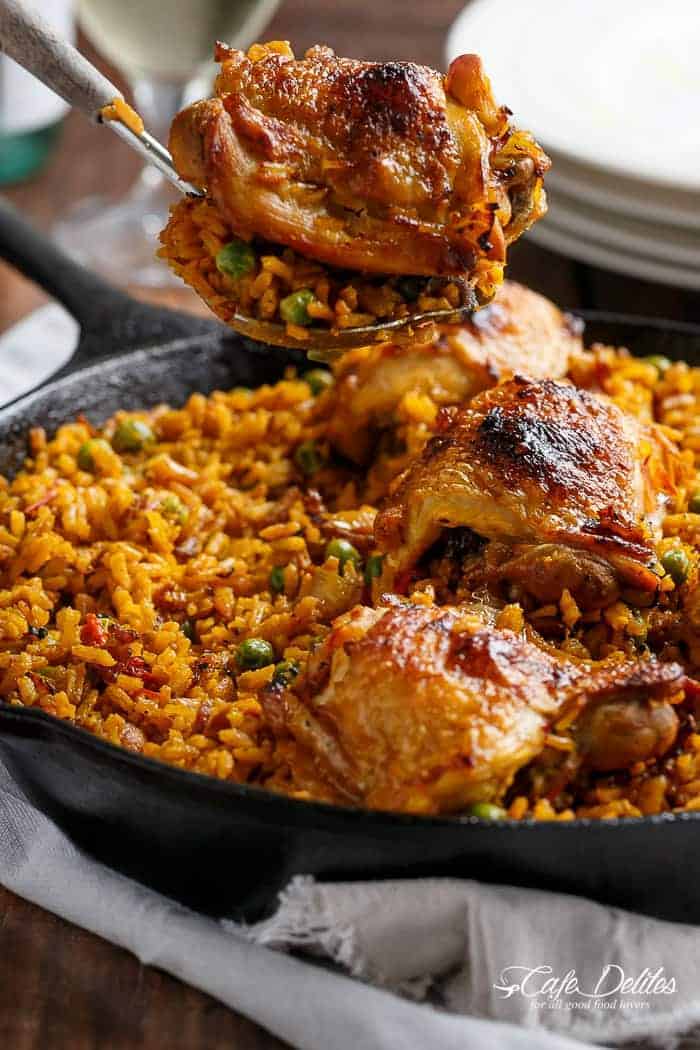 One Pan Crispy Spanish Chicken and Rice (Arroz Con Pollo) | https://cafedelites.com