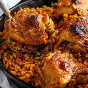 One Pan Crispy Spanish Chicken and Rice in a bowl