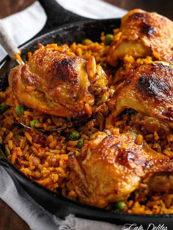 One Pan Crispy Spanish Chicken and Rice in a bowl