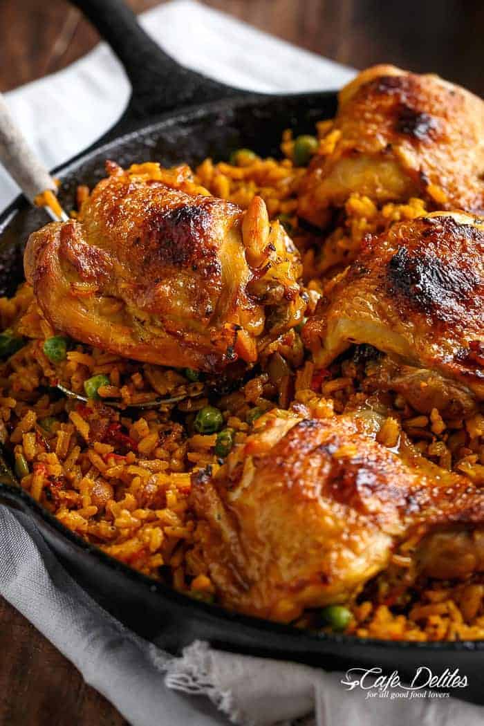One Pan Crispy Spanish Chicken and Rice (Arroz Con Pollo) | https://cafedelites.com