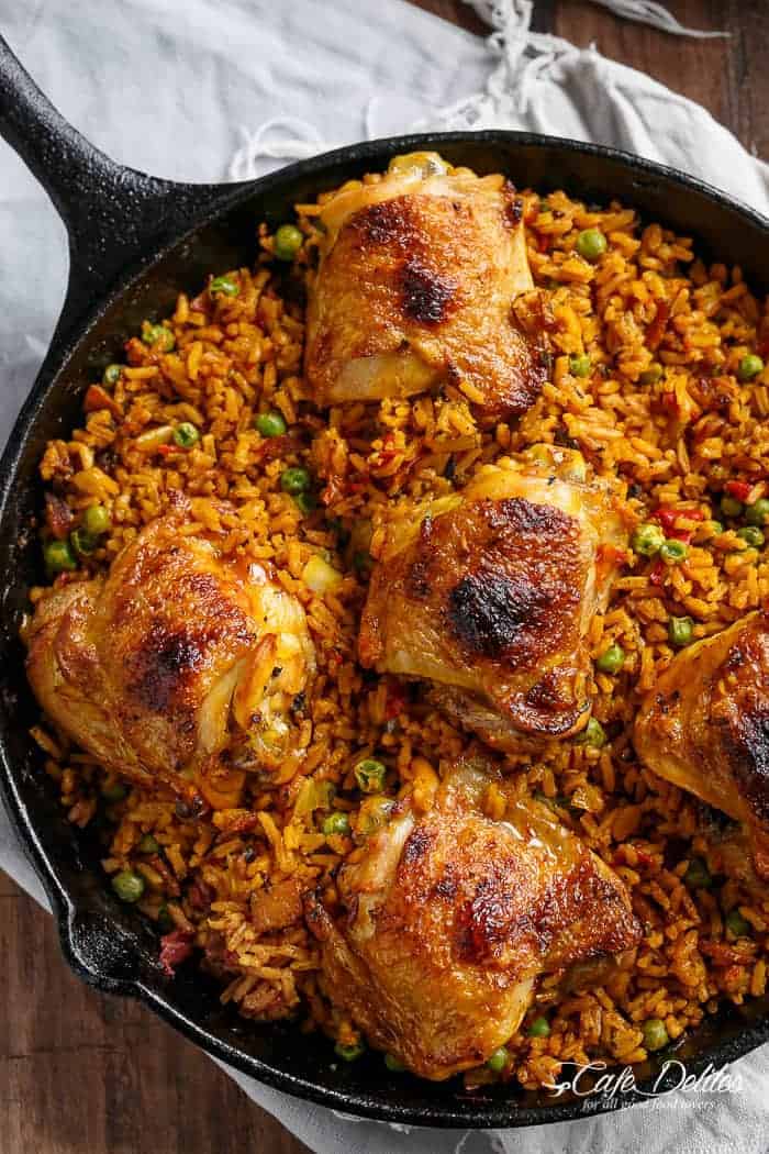 One Pan Crispy Spanish Chicken and Rice (Arroz Con Pollo) | https://cafedelites.com