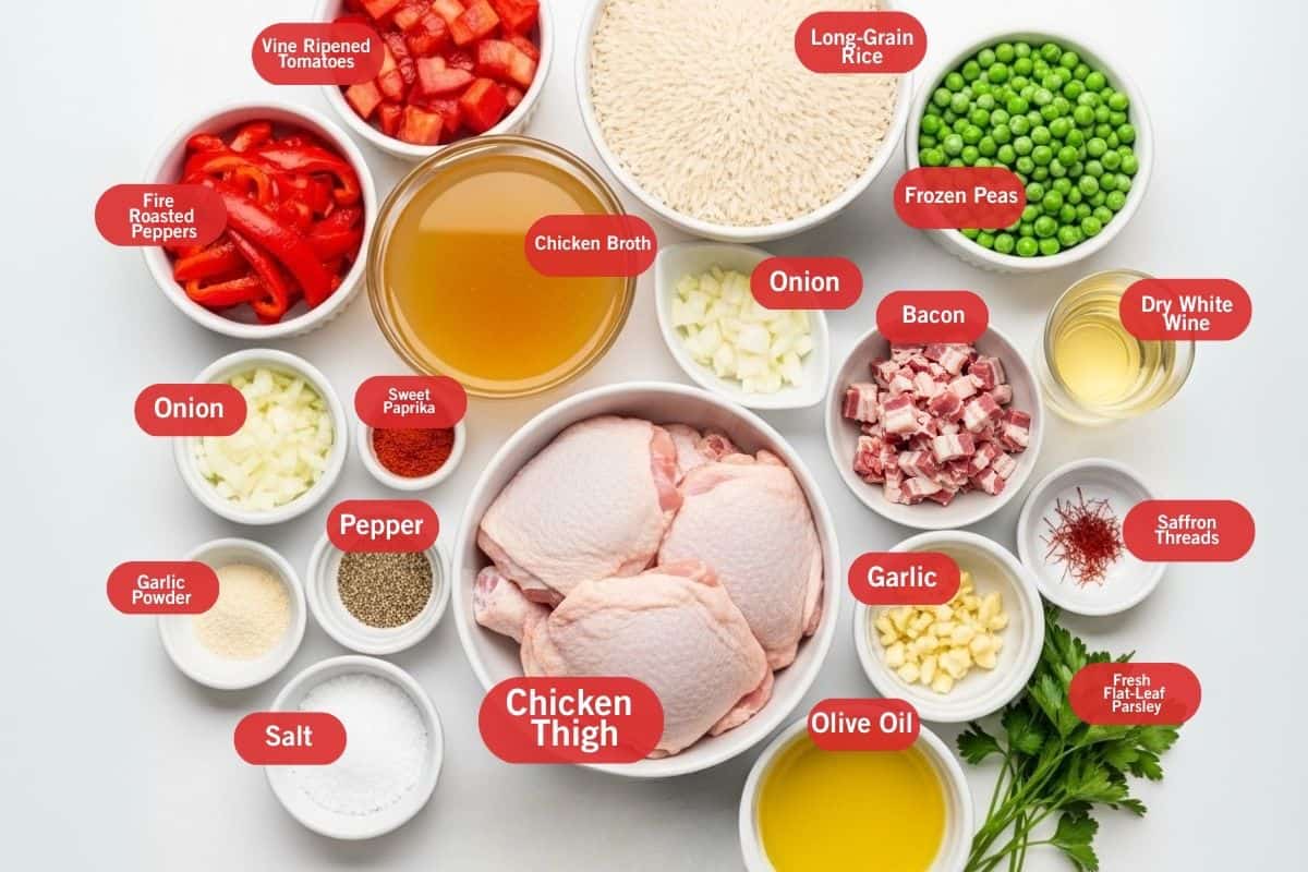 Flat lay photo of ingredient shot of vine ripened tomatoes, long grain rice, frozen peas, dry white wine, bacon, onion, sweet paprika, chicken broth, fire roasted peppers, garlic powder, pepper, salt, chicken thigh, garlic, saffron threads, fresh flat leaf parsley, olive oil