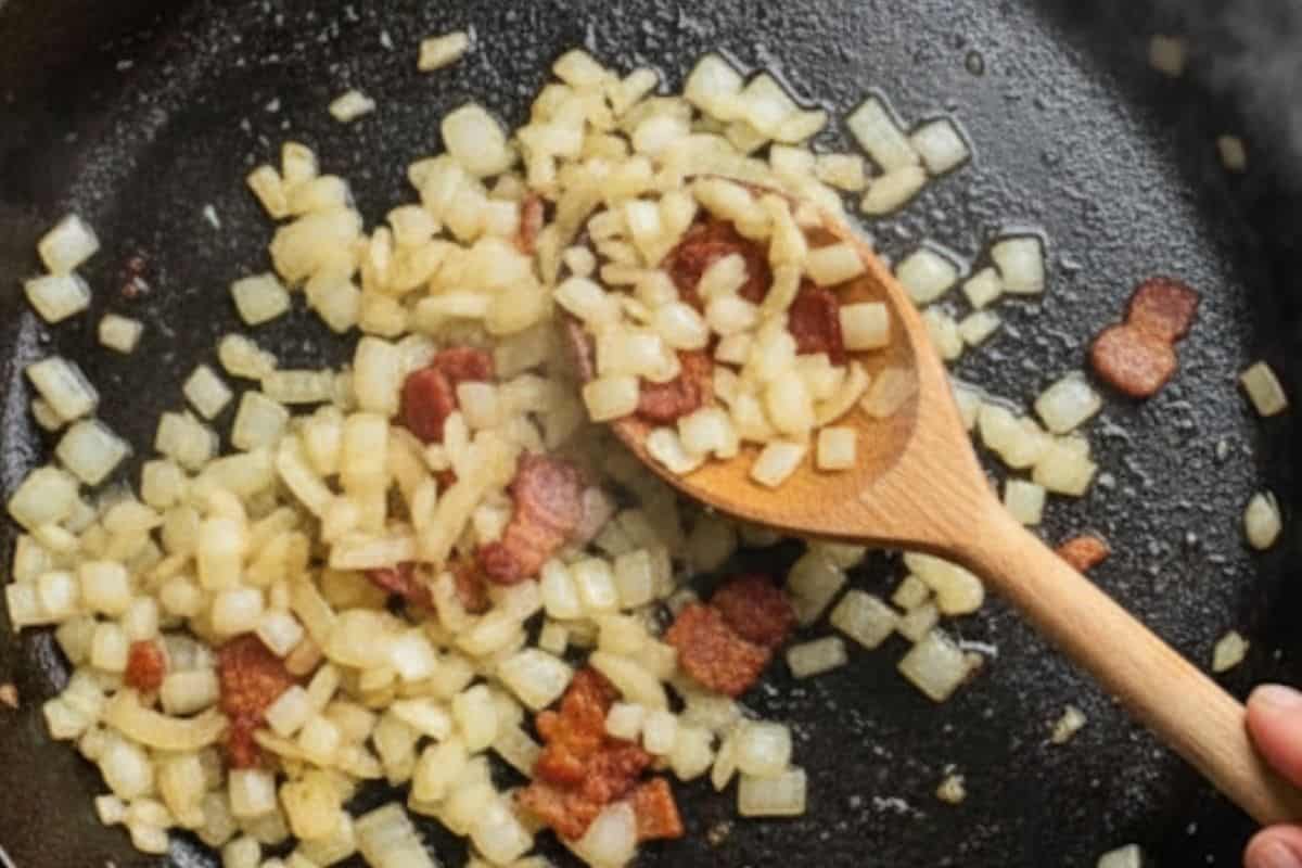 Add onion and bacon and cook, stirring, until onion softens and bacon crisps.