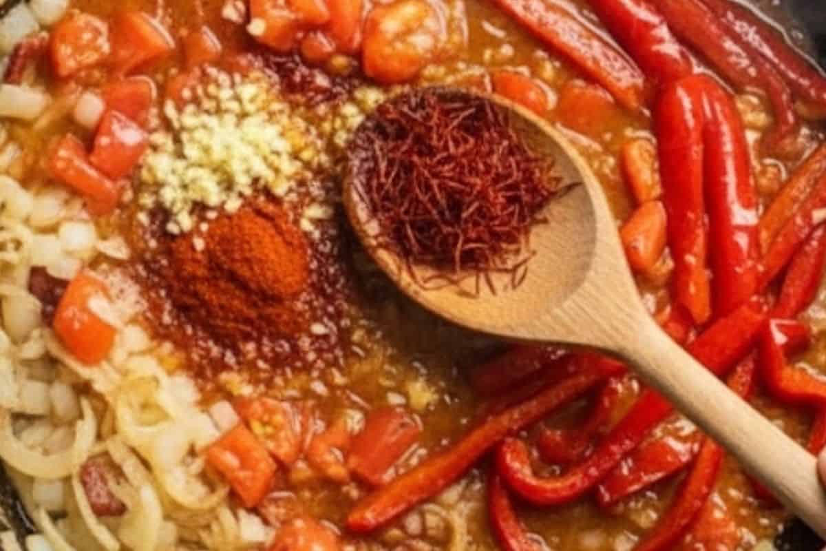 Stir in garlic, sweet paprika, and saffron. Cook until fragrant, then add tomatoes and fire roasted peppers.