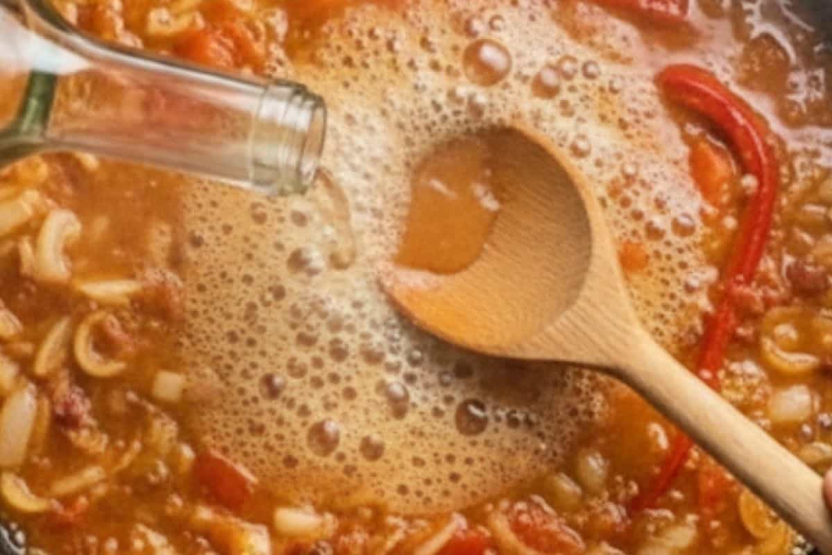 Pour in stock and white wine, scraping up browned bits. Stir to combine.