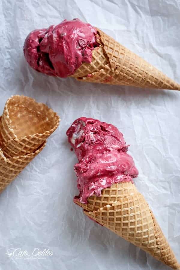 Red Velvet Cookie Dough Frozen Yogurt with a Vanilla Bean Cream Cheese Swirl | https://cafedelites.com