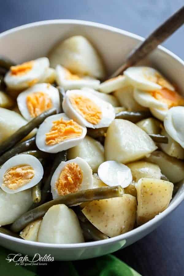 Potato, Egg and Green Bean Salad with a Garlic Infused Lemon Dressing | https://cafedelites.com