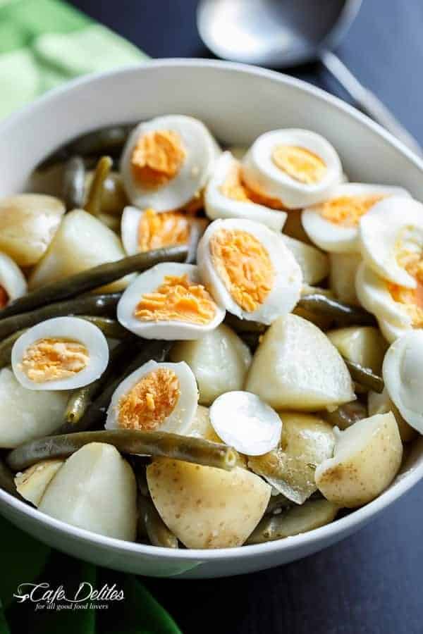 Potato, Egg and Green Bean Salad with a Garlic Infused Lemon Dressing | https://cafedelites.com