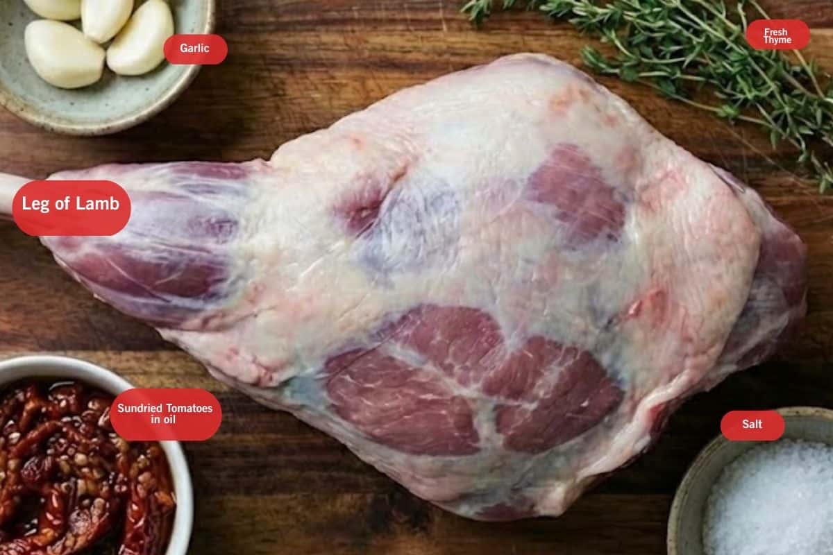 Flat lay photo of ingredient shot of garlic, fresh thyme, leg of lamb, sun-dried tomatoes in oil, salt - 2