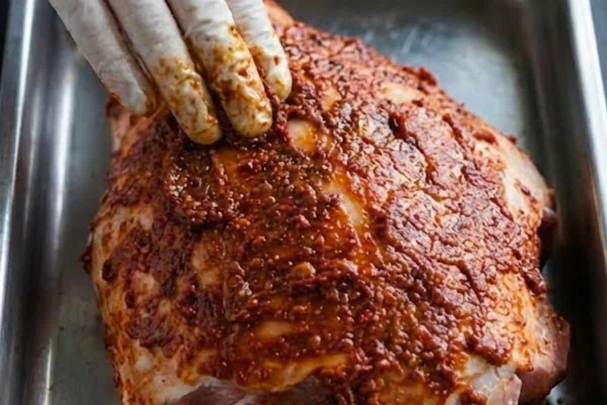 Place the lamb in a roasting tray and rub the sundried tomato paste all over, making sure the surface is evenly covered. - 4