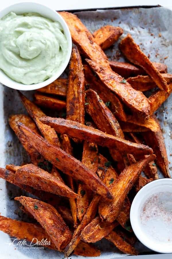 Crispy Sweet Potato Wedges with Garlic Avocado Aioli | https://cafedelites.com