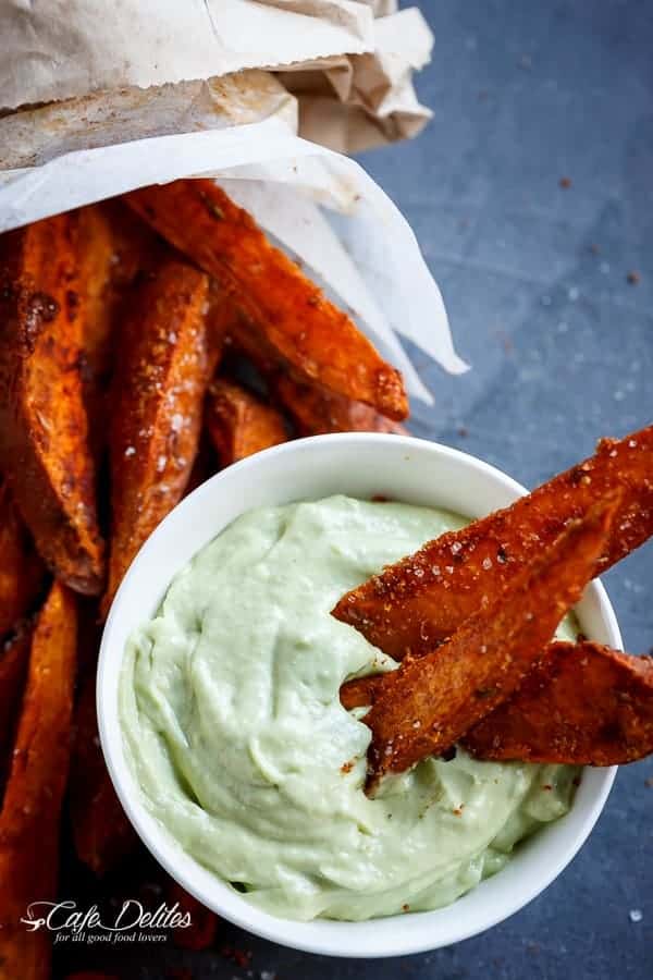 Crispy Sweet Potato Wedges with Garlic Avocado Aioli Crispy Sweet Potato Wedges with Garlic Avocado Aioli