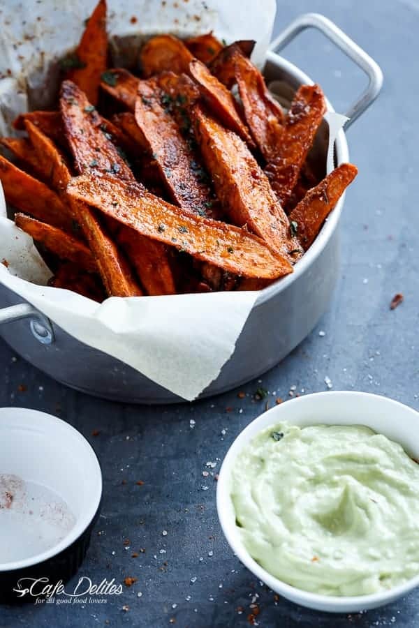 Crispy Sweet Potato Wedges with Garlic Avocado Aioli | https://cafedelites.com