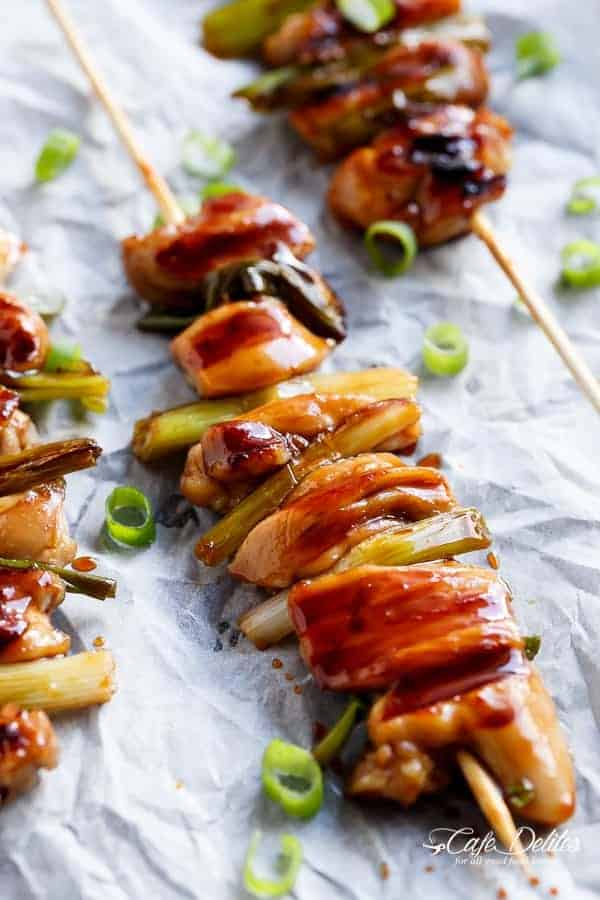 Easy Chicken Yakitori resting on a baking tray