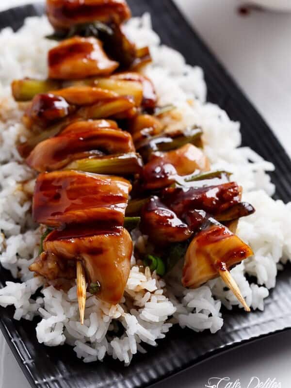 Easy Chicken Yakitori with rice on a plater