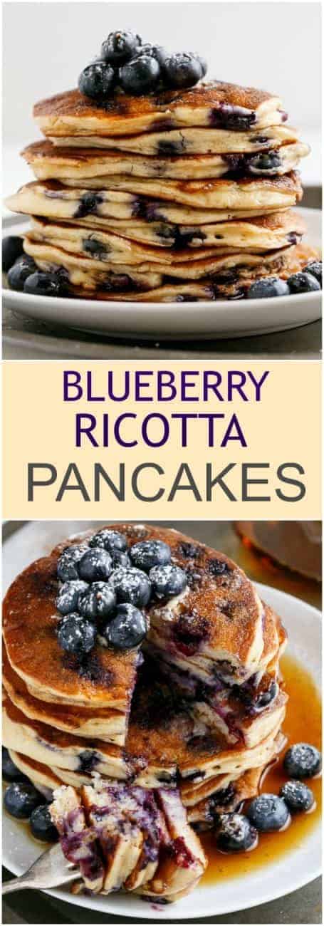 Delicately light and fluffy Blueberry Ricotta Pancakes that melt in your mouth with a delicious sweetness and a hit of juicy blueberries!| https://cafedelites.com