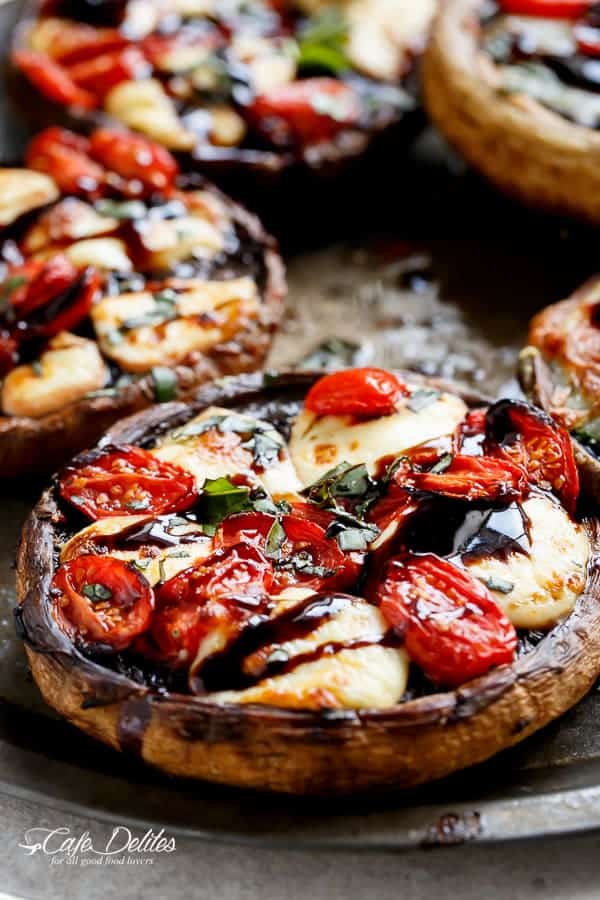 Caprese Stuffed Garlic Butter Portobellos | https://cafedelites.com