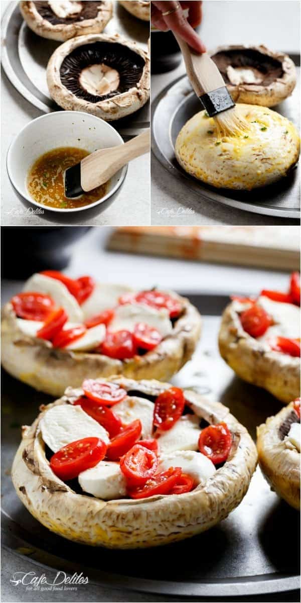 Collage of portobello mushrooms on a plate, being basted with garlic butter and then stuffed with fresh tomato and mozzarella. 