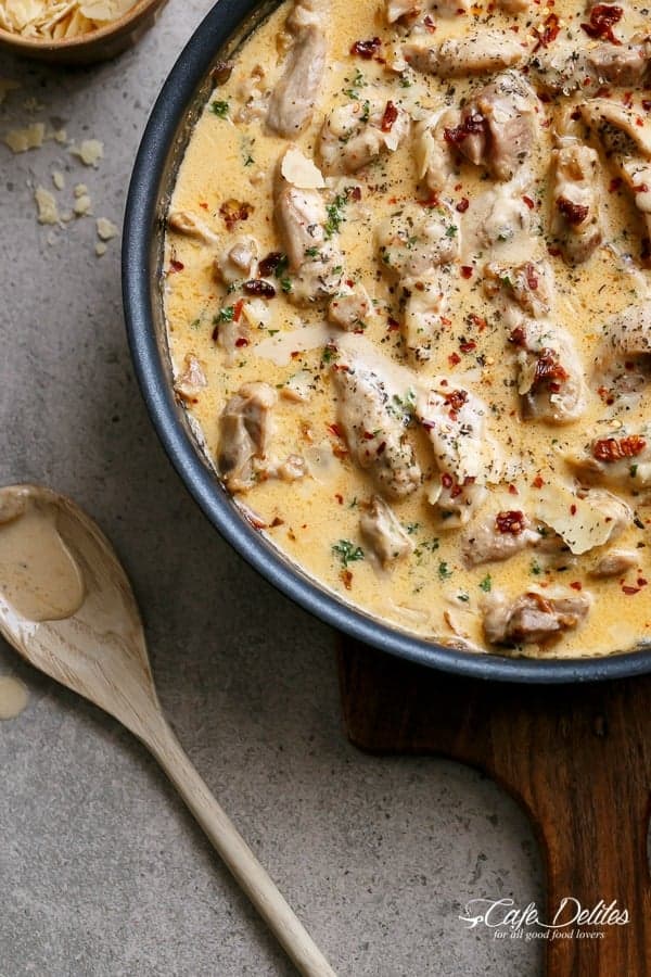 Creamy Sundried Tomato + Parmesan Chicken Zoodles | https://cafedelites.com