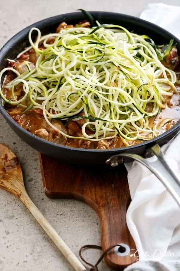 Creamy Sundried Tomato + Parmesan Chicken Zoodles | https://cafedelites.com