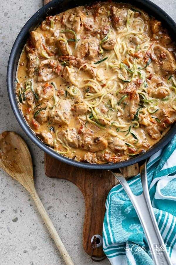 Creamy Sundried Tomato + Parmesan Chicken Zoodles | https://cafedelites.com
